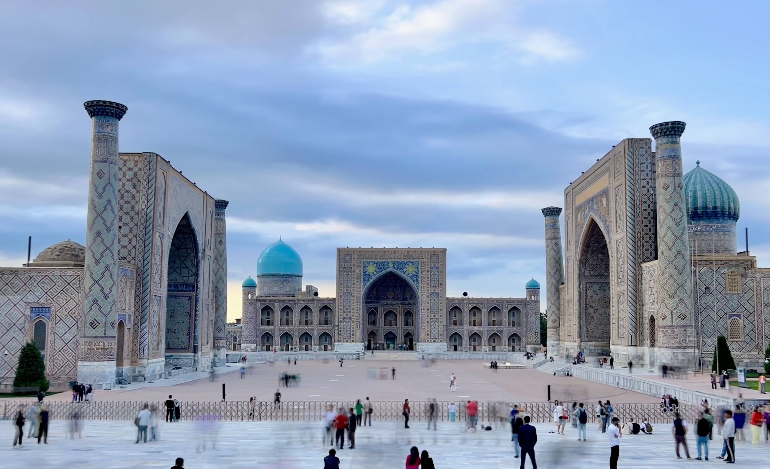 Samarkand architecture decorated with blue tilework in Uzbekistan