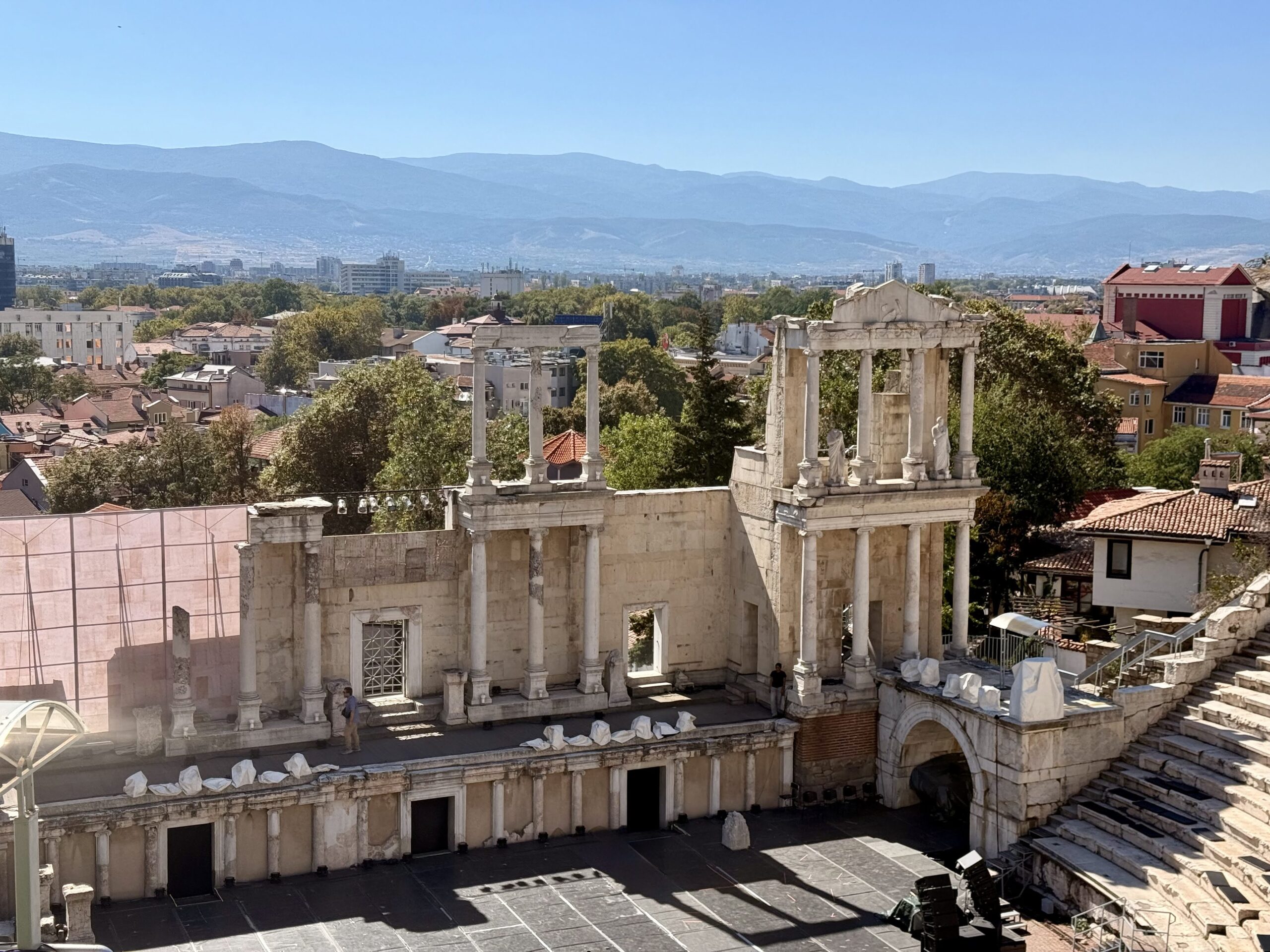 Ancient Roman ruins overlooking Plovdiv and the surrounding hills