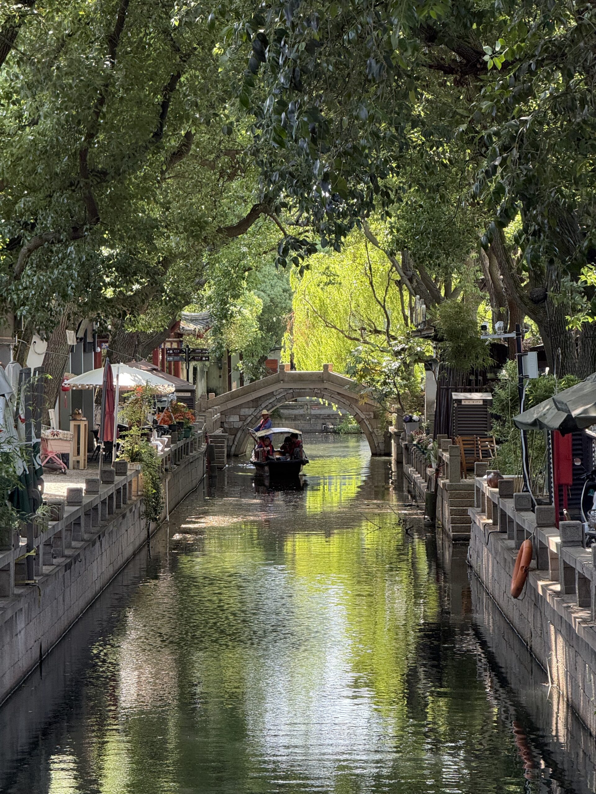 Stone arch bridge over a tree-lined canal in Tongli Water Town